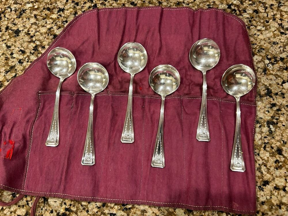 Vintage Set Of 6 Silver Plated Boullian Soup Spoons -Stored In fabric roll C26